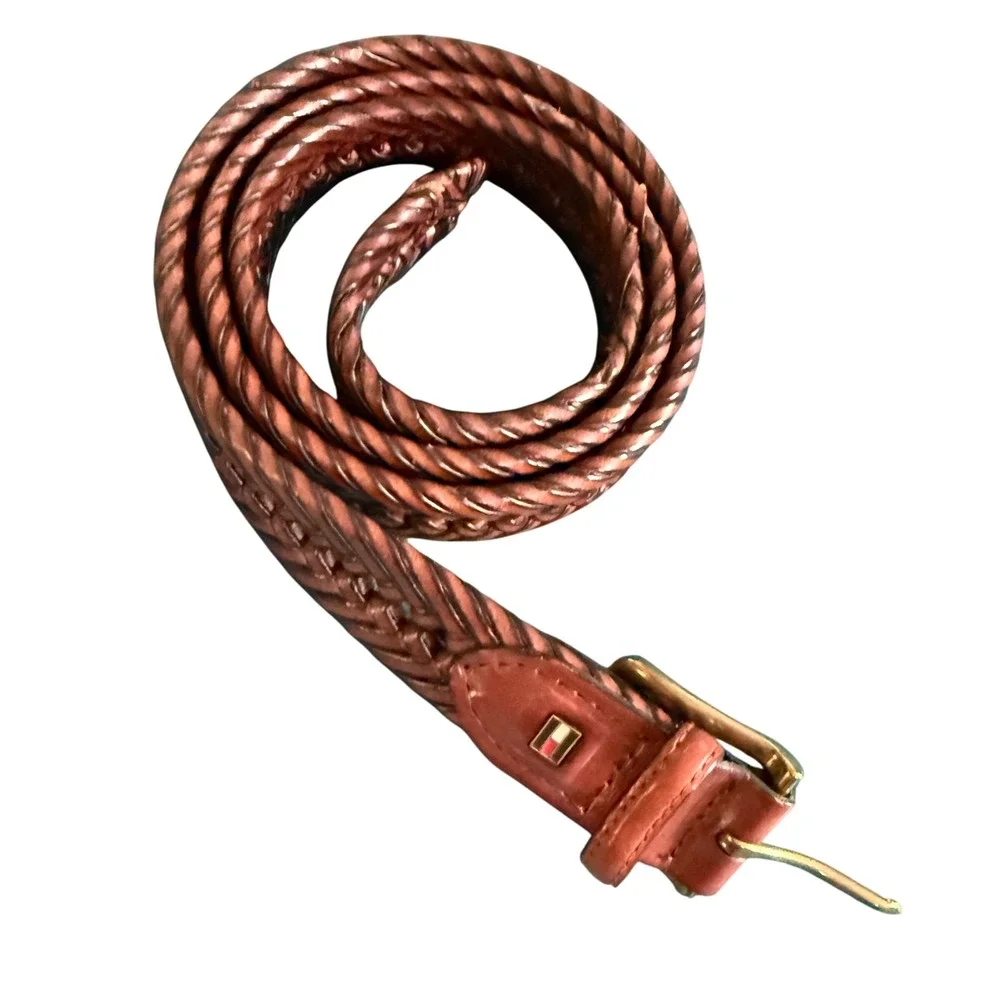 Tommy Hilfiger Braided‎ Leather Belt Brown Brass Buckle Men's 42 / 105